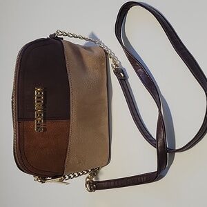 Brown and Tan Patchwork Crossbody Bag With Chain Detail Strap